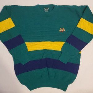 Vintage Izod Chunky Cable Knit Tennis Sweater V Neck Size M Green Blue Yellow